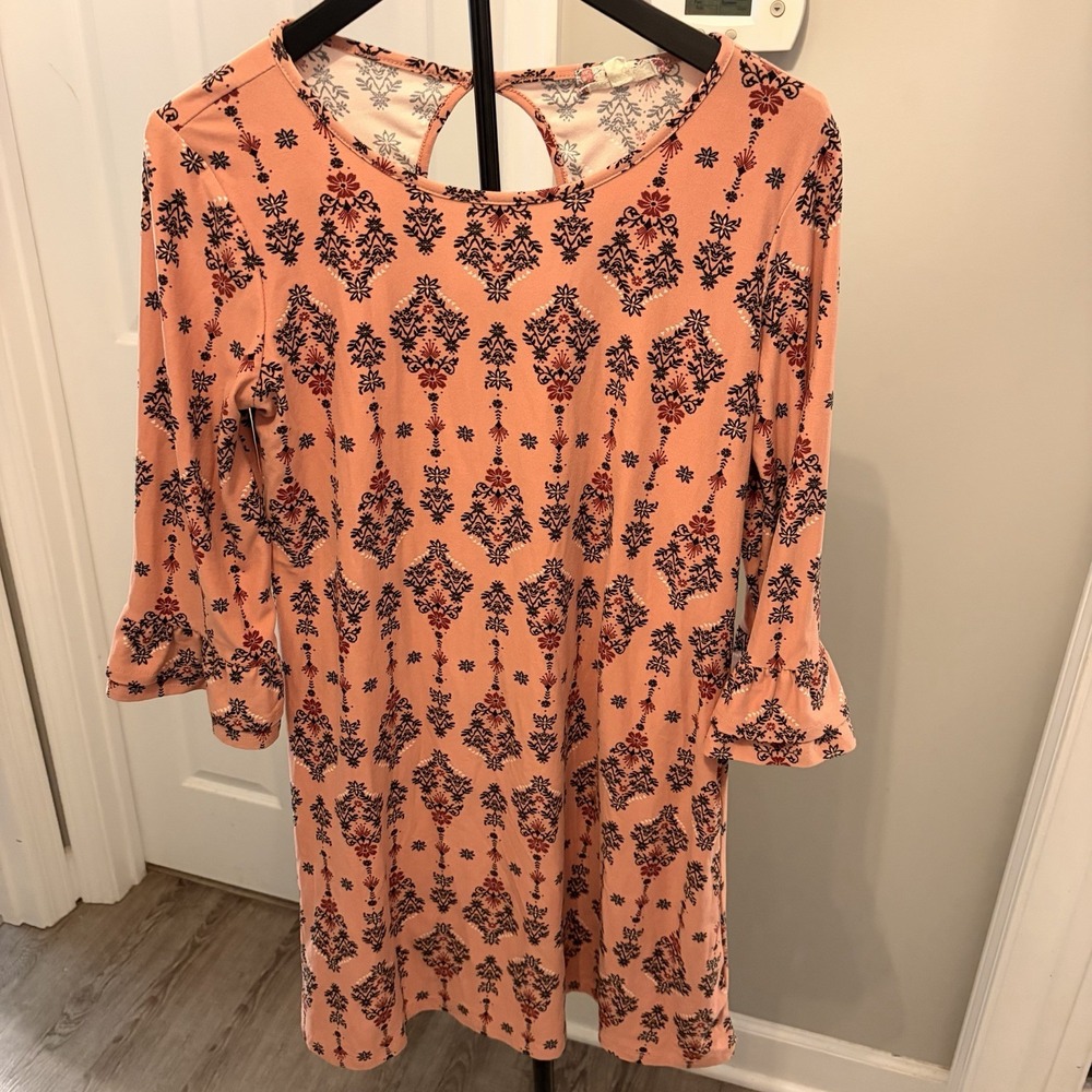 Pink Rose Vintage Boho Medallion Print 3/4 Ruffle Sleeve Dress Cottagecore L EUC